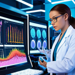 **

A vibrant, futuristic laboratory scene.  Focus on a female scientist, mid-30s, wearing lab coat and safety glasses, looking intently at a complex, colorful 3D model of a DNA strand floating in the air.  She's surrounded by high-tech NGS machines with blinking lights and computer screens displaying genomic data visualizations (heatmaps, graphs).  Soft, blue-toned lighting.  Emphasize the advanced technology and the promise of personalized medicine.  Think modern, clean lines, with a touch of optimism.

**