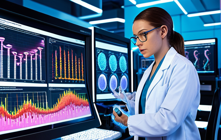 **
A vibrant, futuristic laboratory scene. Focus on a female scientist, mid-30s, wearing lab coat and safety glasses, looking intently at a complex, colorful 3D model of a DNA strand floating in the air. She's surrounded by high-tech NGS machines with blinking lights and computer screens displaying genomic data visualizations (heatmaps, graphs). Soft, blue-toned lighting. Emphasize the advanced technology and the promise of personalized medicine. Think modern, clean lines, with a touch of optimism.
**