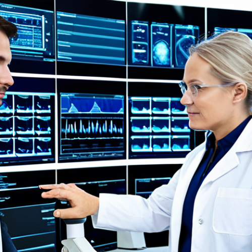 Home 6 A diverse group of professional medical researchers and scientists, fully clothed in modest lab coats and professional attire, working collaboratively in a state-of-the-art precision medicine laboratory. Large holographic displays showcase complex genetic data, DNA strands, and molecular structures. Advanced diagnostic equipment is subtly visible in the background. They are engaged in discussion, pointing at the data on screens, with focused and professional expressions. One person might be looking at a microscope. Bright, sterile, futuristic lighting. High-resolution, professional photography, safe for work, appropriate content, fully clothed, professional, perfect anatomy, correct proportions, natural pose, well-formed hands, proper finger count, natural body proportions, high quality.